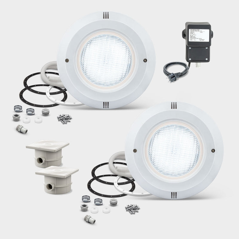 Komplett belysningspaket med 2 infällda LED-poollampor, anpassade för Thermopooler.