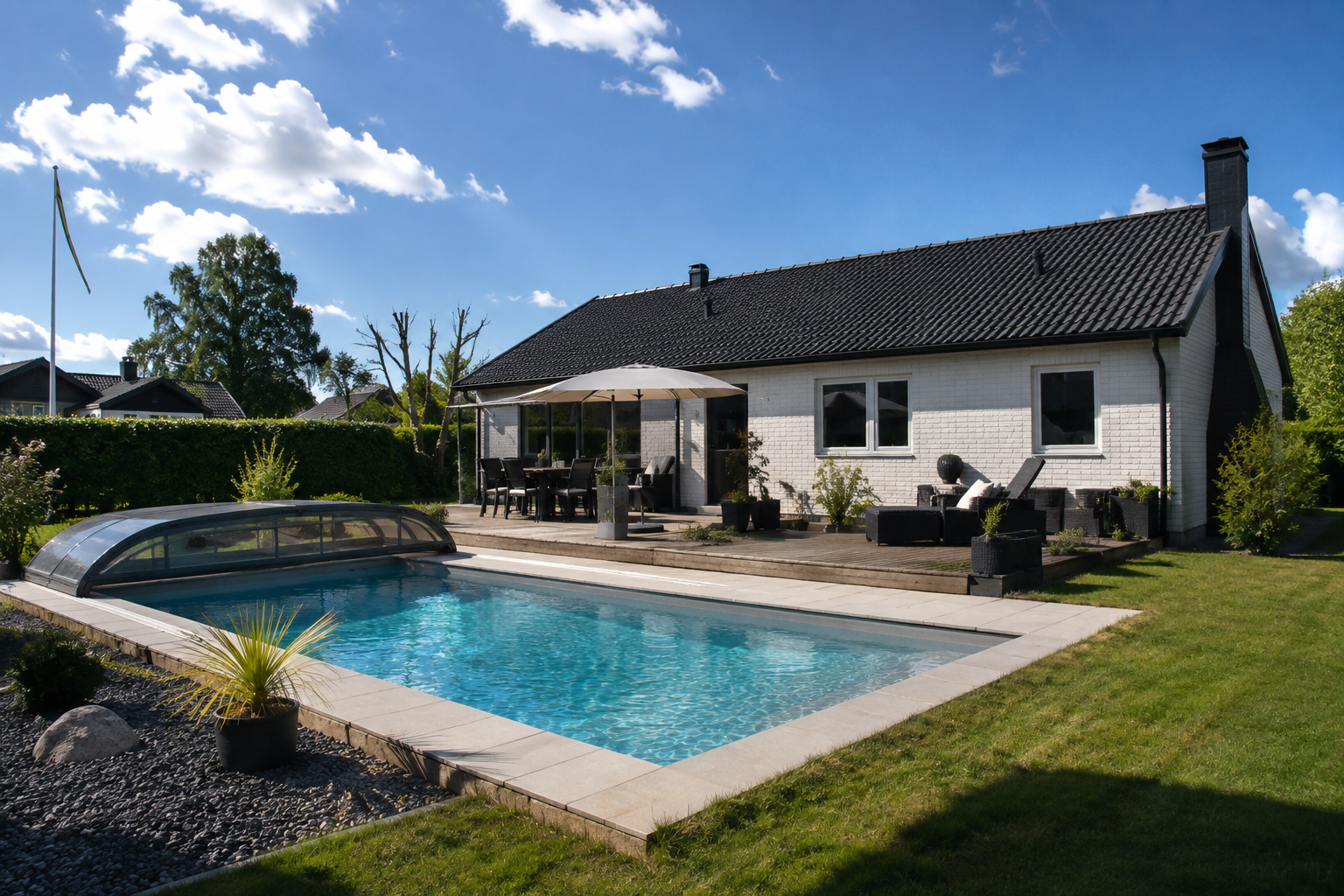 Rektangulär pool med trappa i välskött trädgård framför ett vitt hus, med uteplats och parasoll. Poolpaket från Thermopooler.