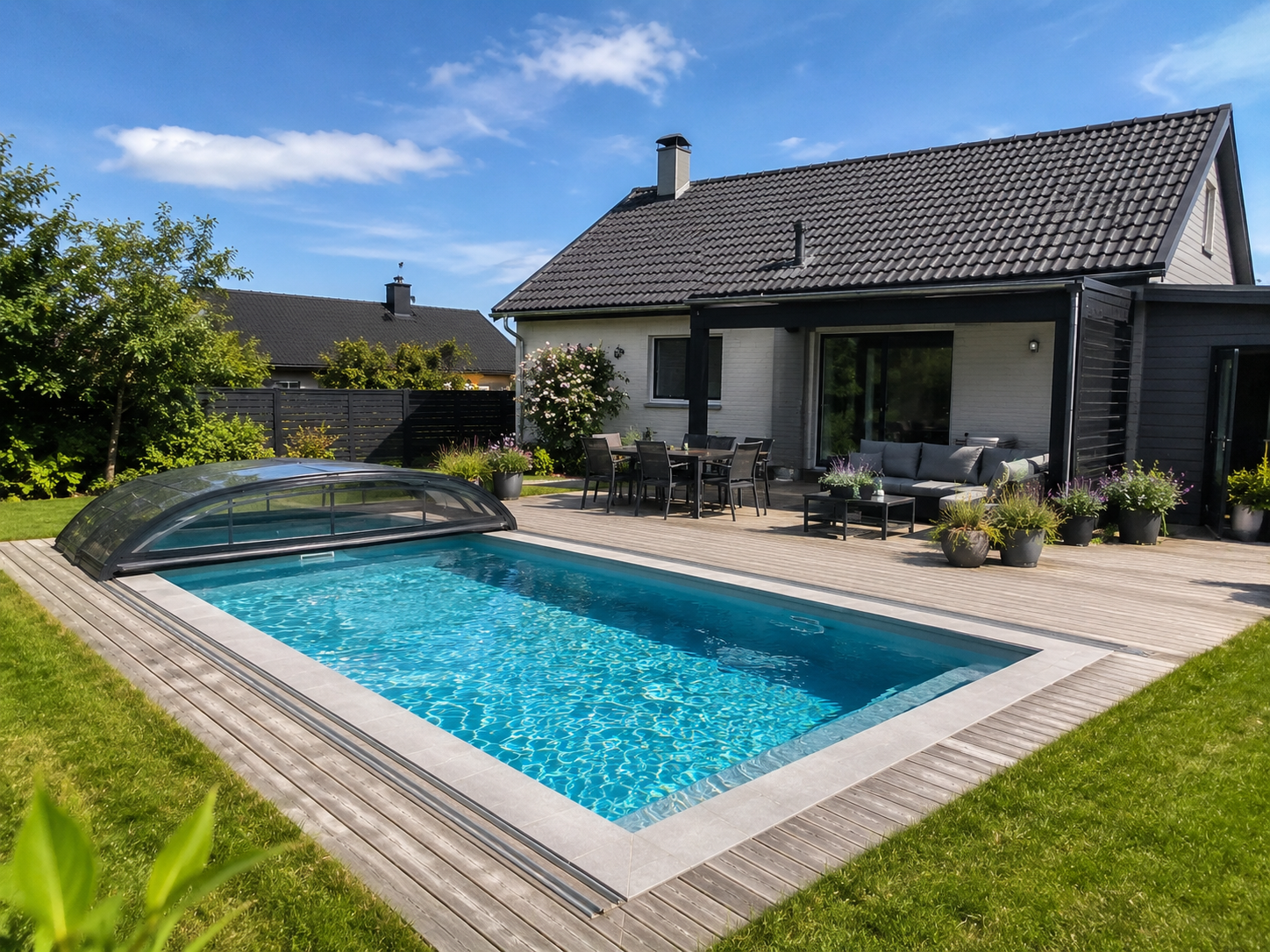 Rektangulär pool med trappa i hörnet, omgiven av trädäck och gräsmatta vid ett modernt hus, från Thermopooler Poolpaket