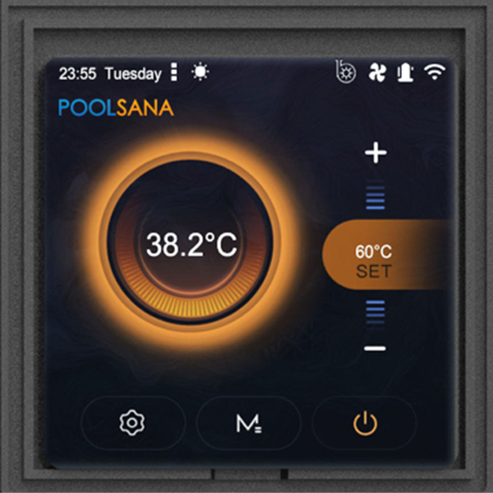 Digital kontrollpanel för Värmepump InverPRESTIGE PRO 18 kW från Min butik, som visar 38,2 grader och inställd temperatur på 60 grader.