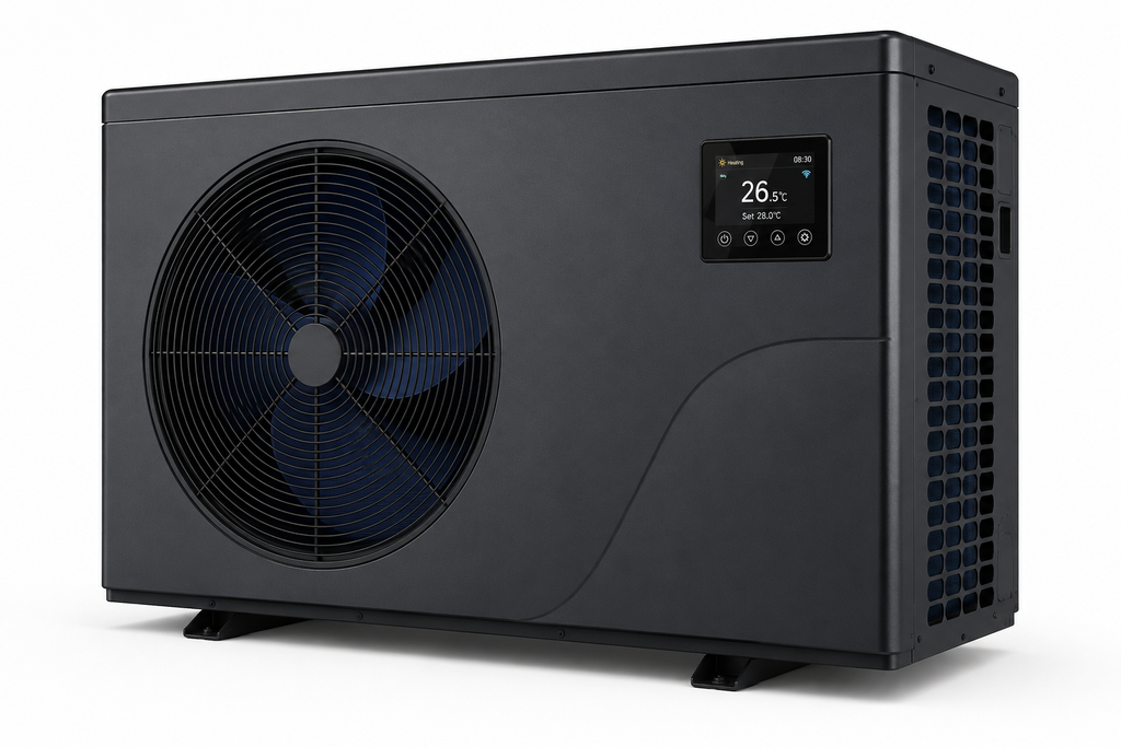 Svart InverPRESTIGE PRO 18 kW värmepump med stor fläkt och digital display från Min butik för Komplettera ditt poolpaket och Värmepumpar